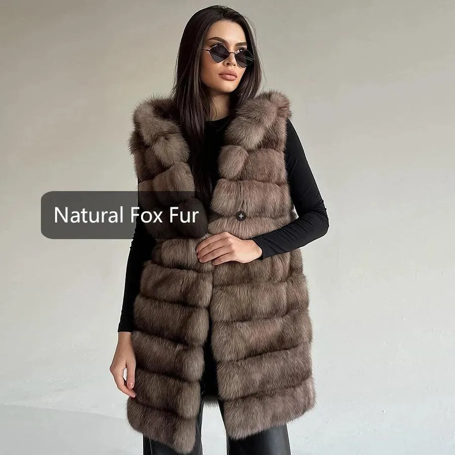 2024 Women's Luxury Fox Fur Vest Ã¢â‚¬â€œ Mid-Long Waistc...