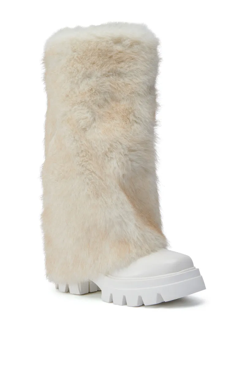 AZALEA WANG ASHOKA WHITE FUZZY FLATFORM MID CALF BOOT