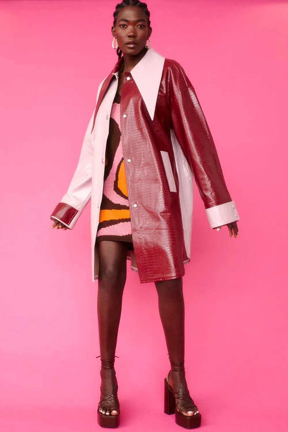 Baby Pink and Red Oversized Faux Suede Leather Trench Coat with Exaggerated Collar