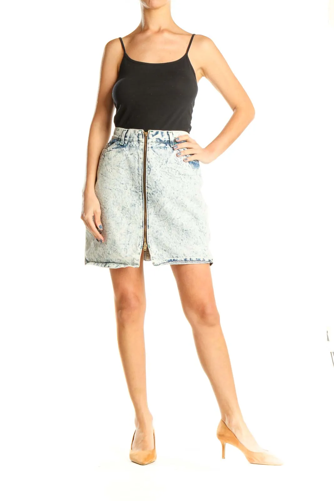 Blue Acid Wash Retro A-Line Denim Skirt