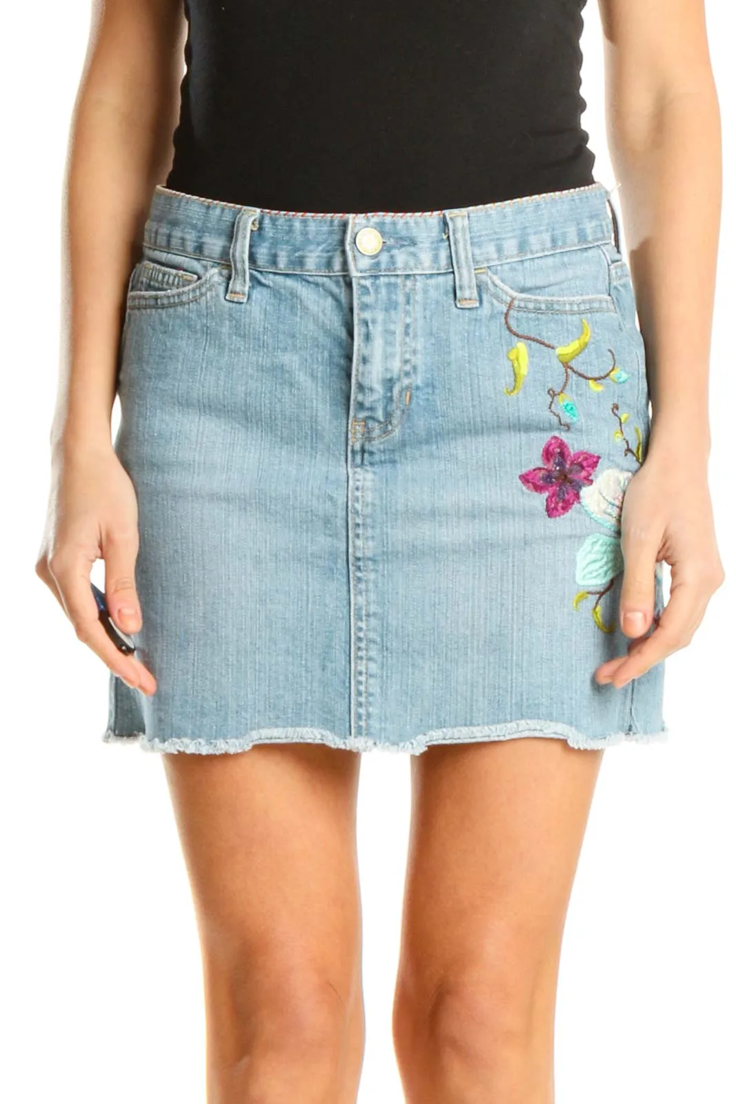 Blue Denim Embroidered Retro A-Line Skirt