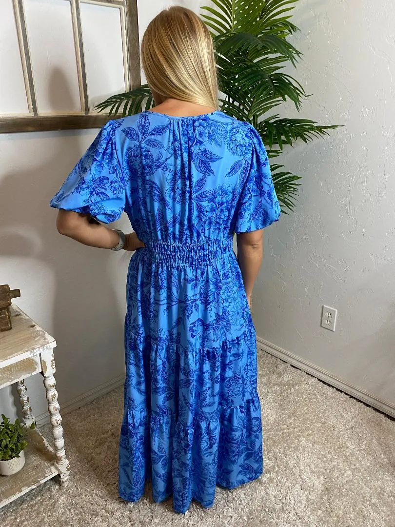 Blue Toile V-Neck Dress