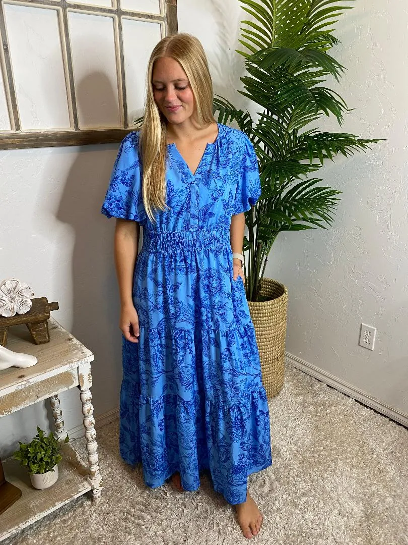 Blue Toile V-Neck Dress