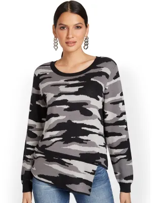 Camo-Print Asymmetrical Zip-Detail Pullover Sweater