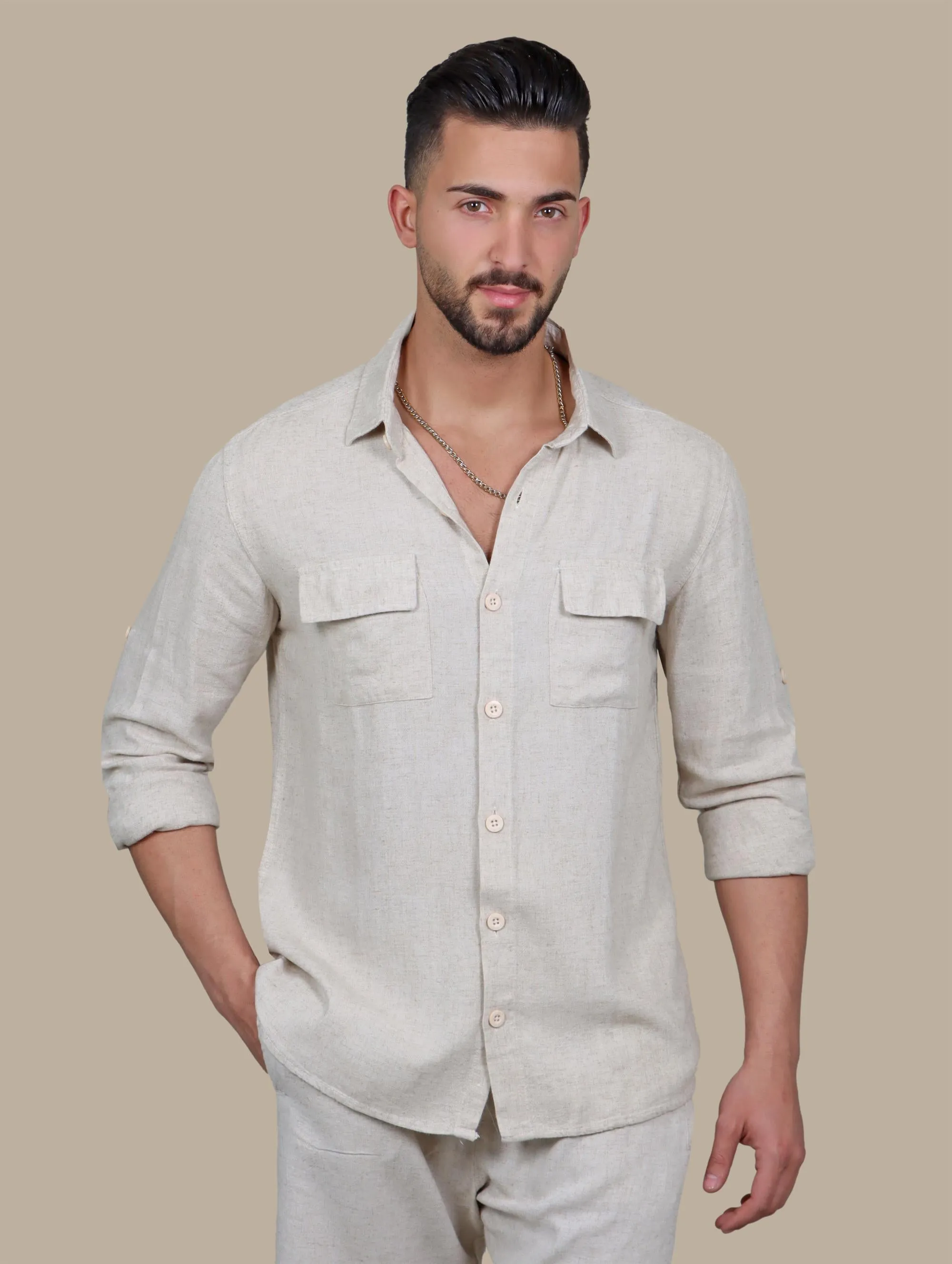 Classic Beige Linen Shirt with Flap Pockets