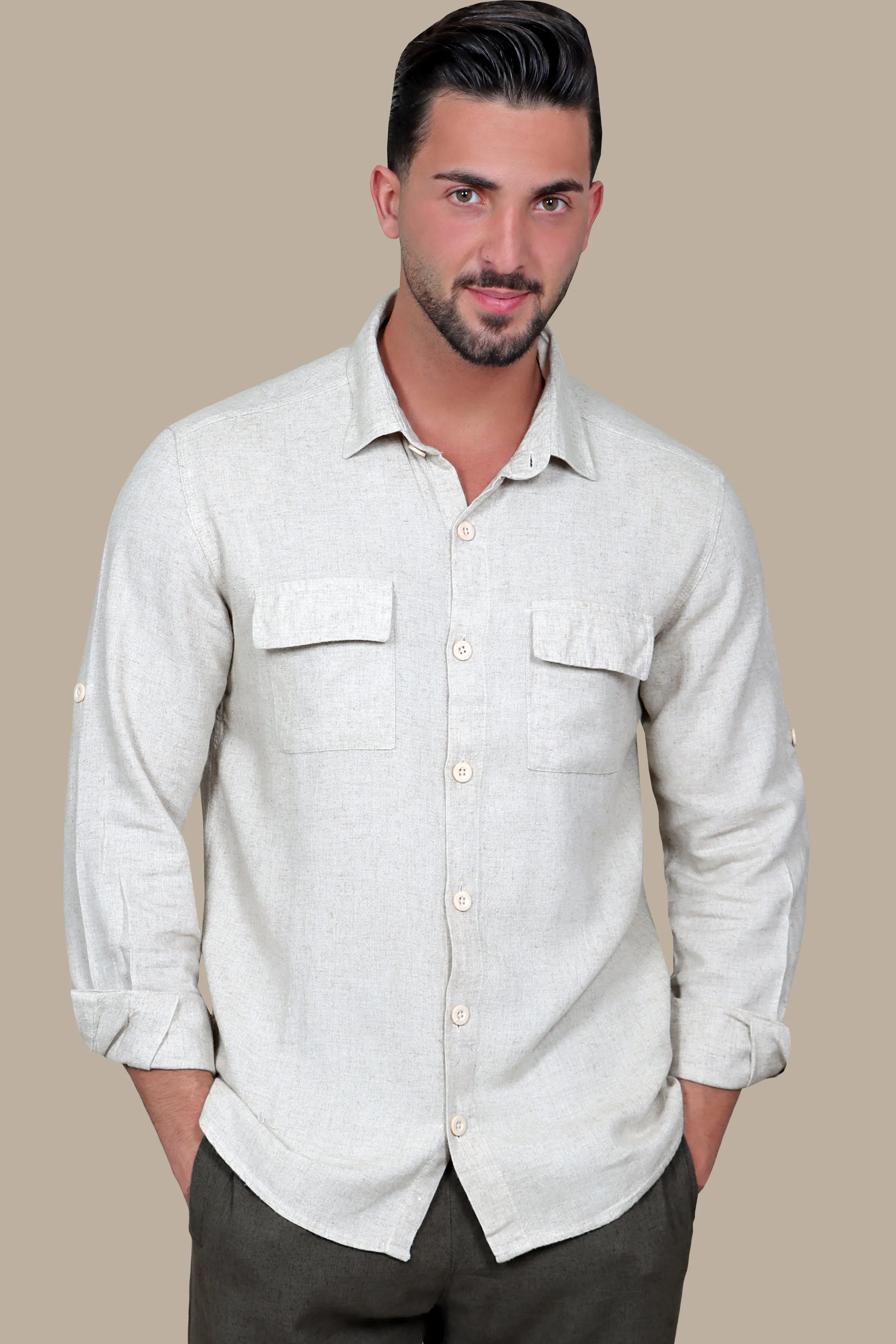 Classic Beige Linen Shirt with Flap Pockets