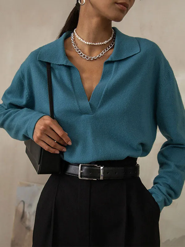 Collared V Neck Long Sleeve Pullover