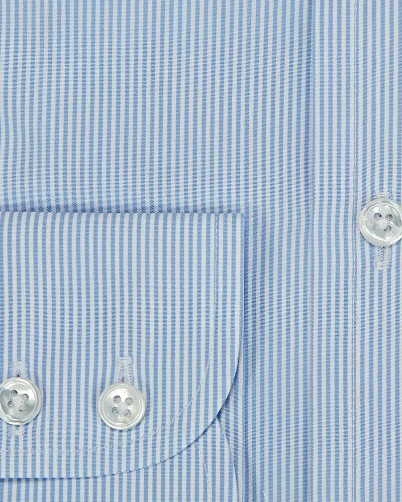 Contemporary Fit Blue Fine Bengal Stripe Cotton Shirt with Classic Collar & Two Button Cuff