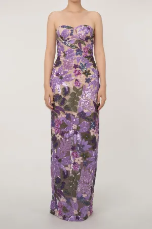 Elegant Bustier Strapless Sequin Floral Embroidered Evening Maxi Dress