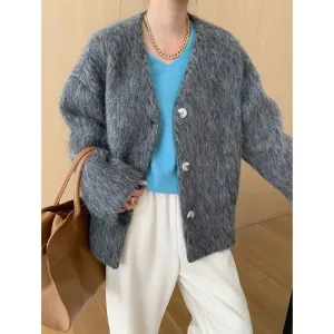 Flytonn-Fall Outfits Women Fur V-neck Plush Thick Coat 2024 Autumn Oversized Woolen Jacket