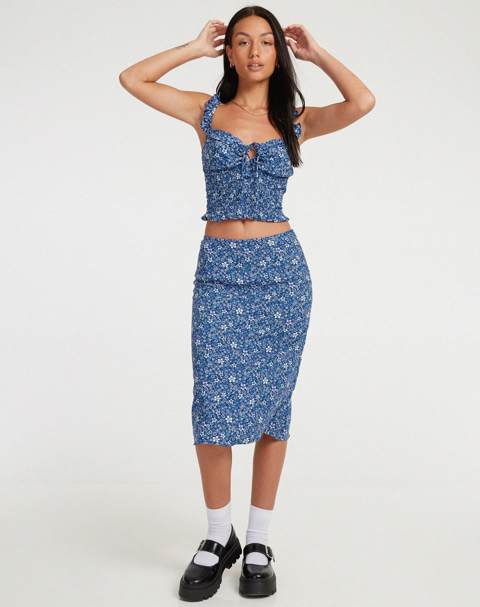 Harriet Midi Skirt in Retro Floral Blue