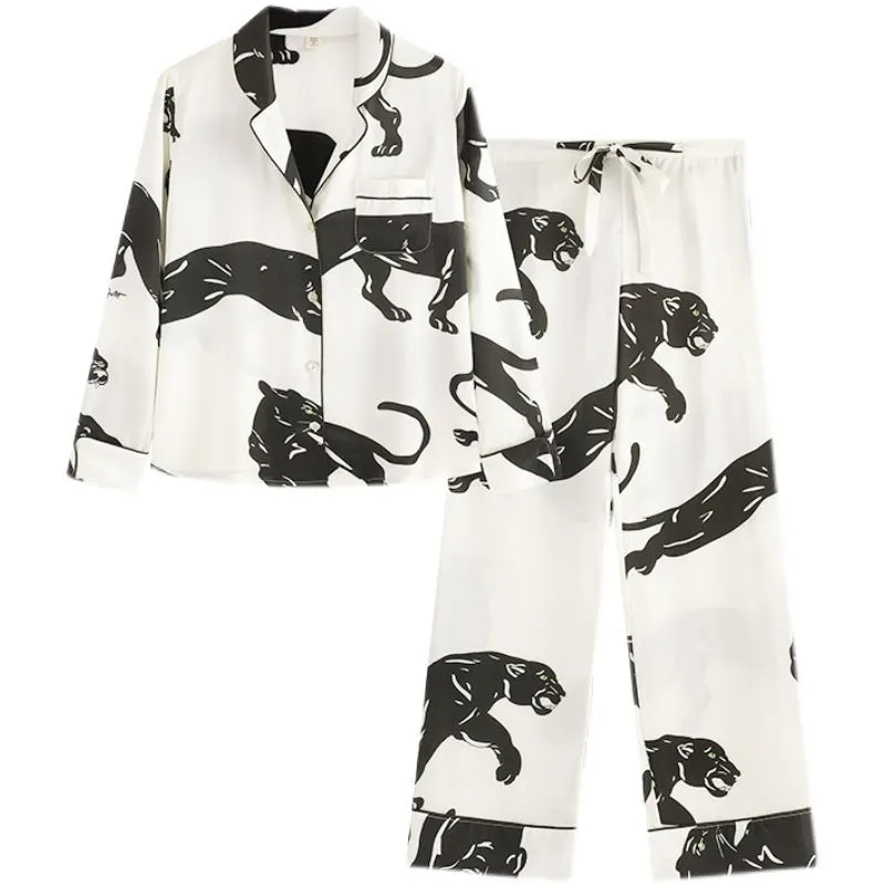 Long Sleeves Silk Pajama Set Luxury Panther printed Silk Sleepwear