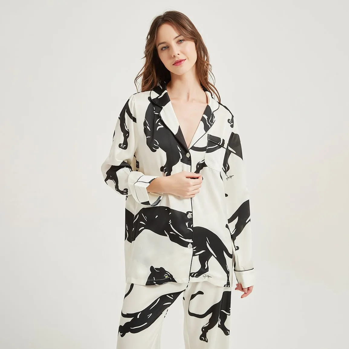 Long Sleeves Silk Pajama Set Luxury Panther printed Silk Sleepwear