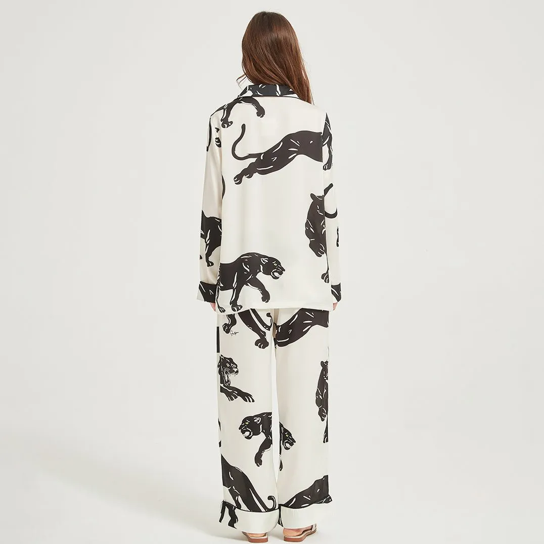 Long Sleeves Silk Pajama Set Luxury Panther printed Silk Sleepwear