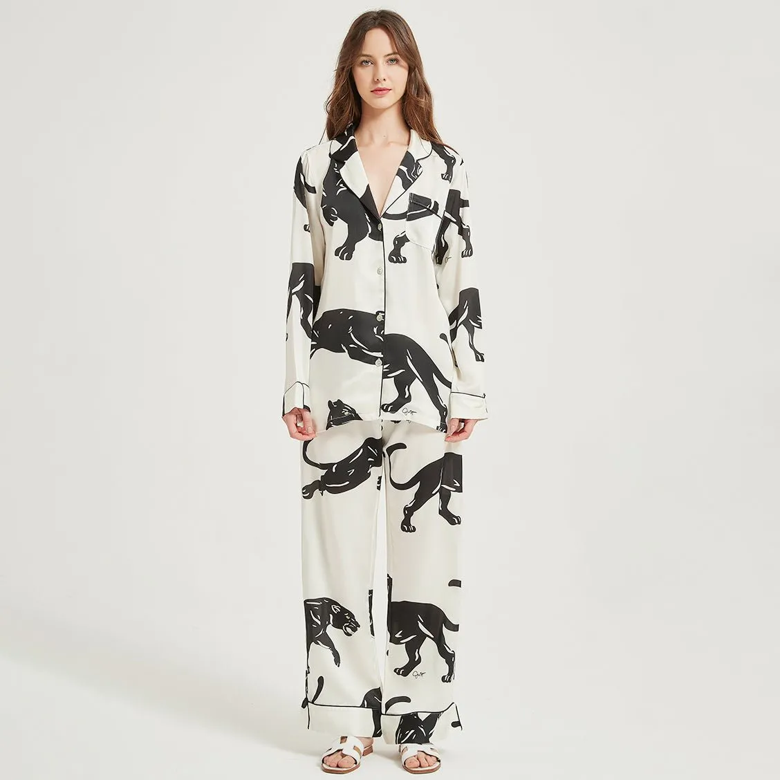 Long Sleeves Silk Pajama Set Luxury Panther printed Silk Sleepwear