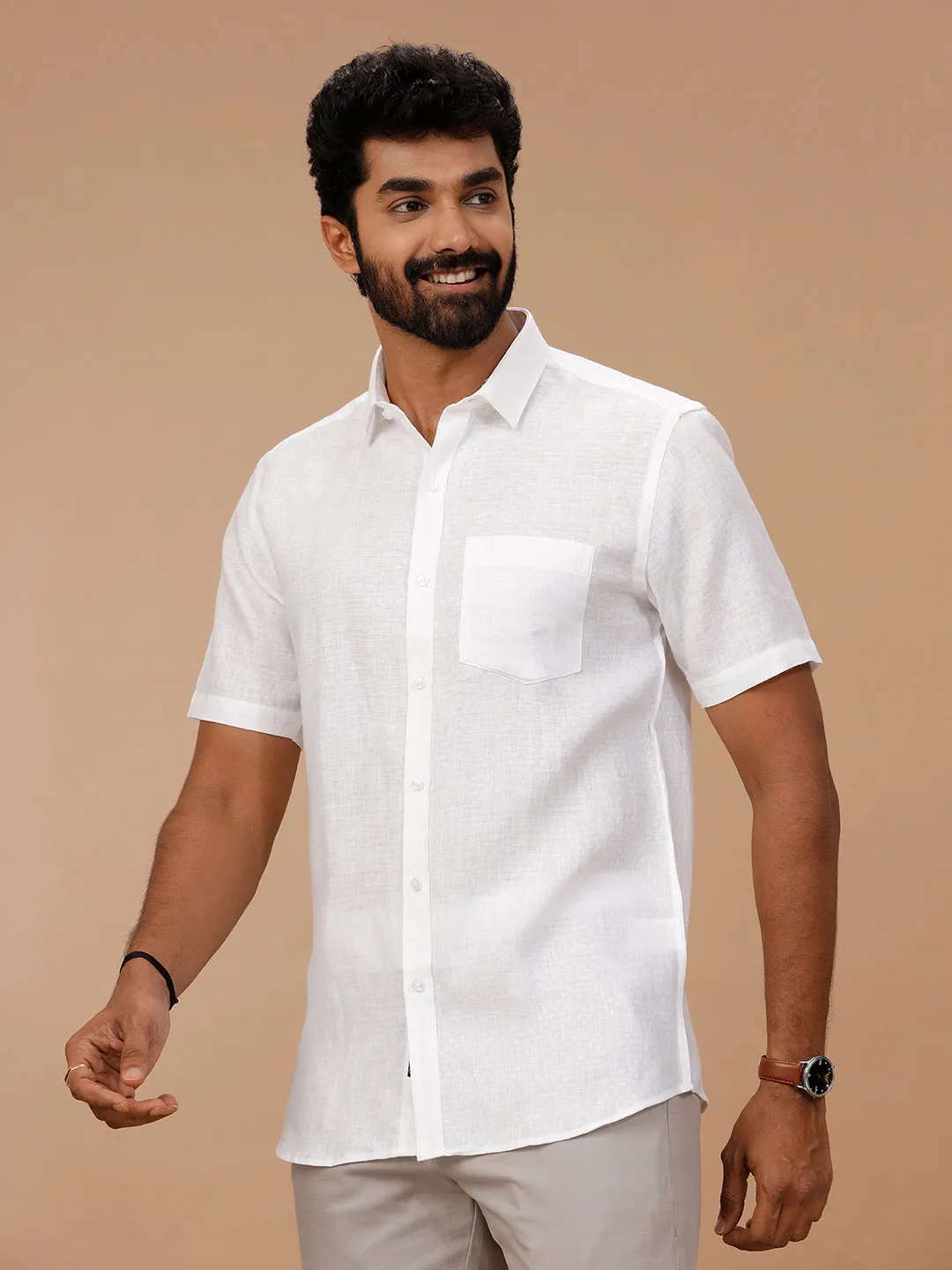 Men 100% Pure Linen White Shirt Self Design 1546JF