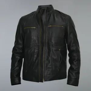 Men's Black Golden Material Café Racer Genuine Sheepskin Leather Jacket