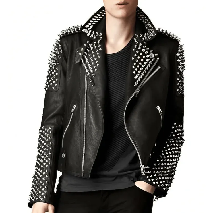 Men's Black Leather Biker Jacket with Studs