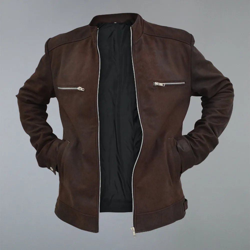 Men's Brown Suede Real Sheepskin Cafe Racer Zip Up Leather Jacket