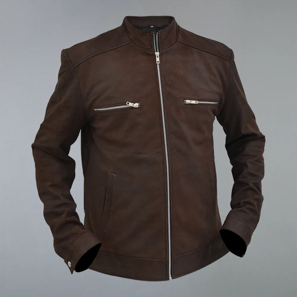 Men's Brown Suede Real Sheepskin Cafe Racer Zip Up Leather Jacket