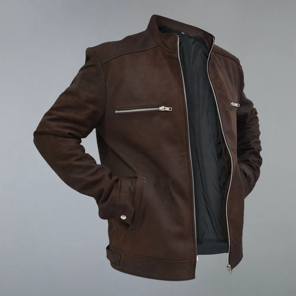 Men's Brown Suede Real Sheepskin Cafe Racer Zip Up Leather Jacket