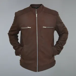 Men's Brown Suede Real Sheepskin Cafe Racer Zip Up Leather Jacket