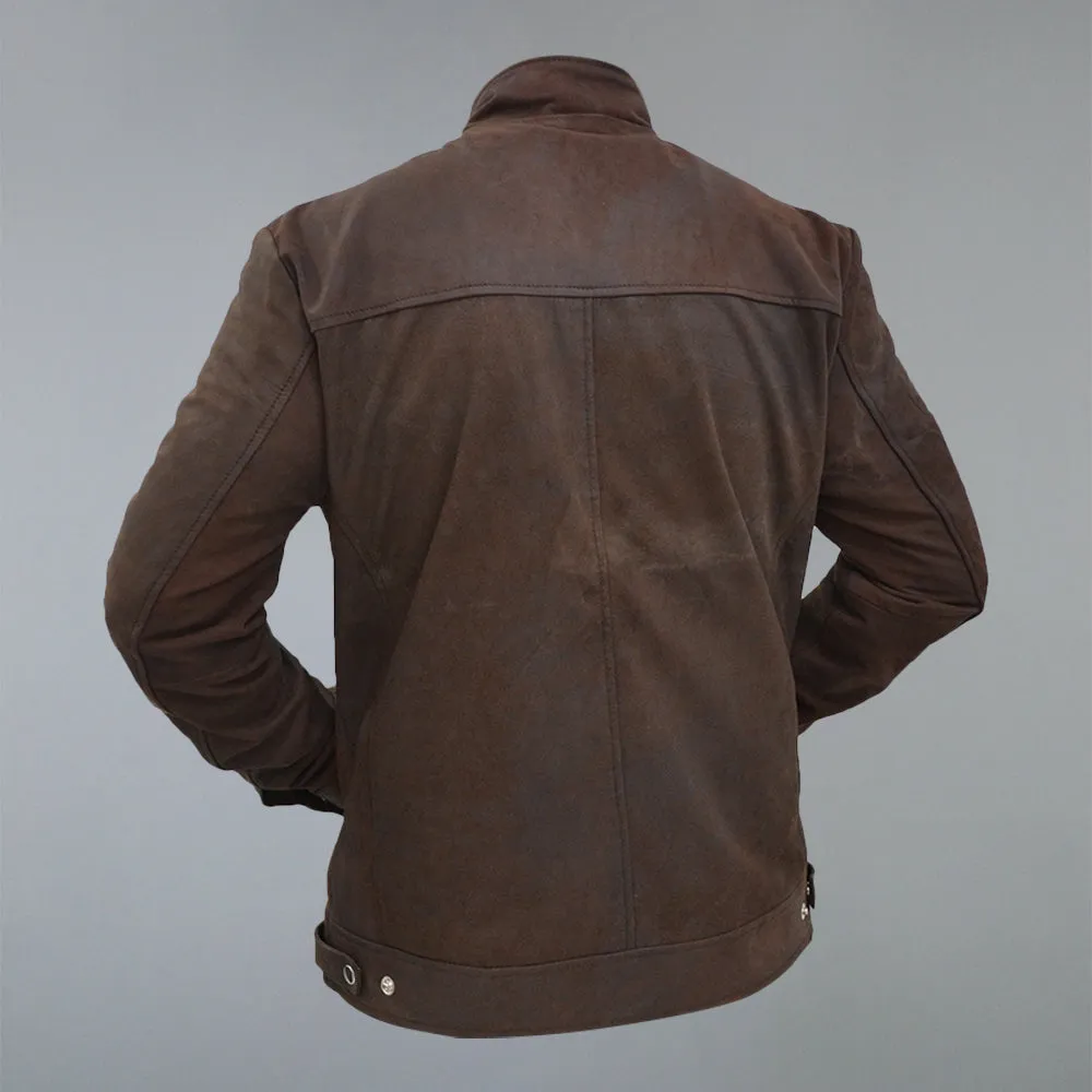 Men's Brown Suede Real Sheepskin Cafe Racer Zip Up Leather Jacket