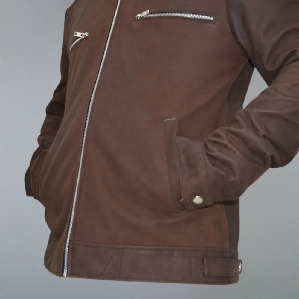 Men's Brown Suede Real Sheepskin Cafe Racer Zip Up Leather Jacket