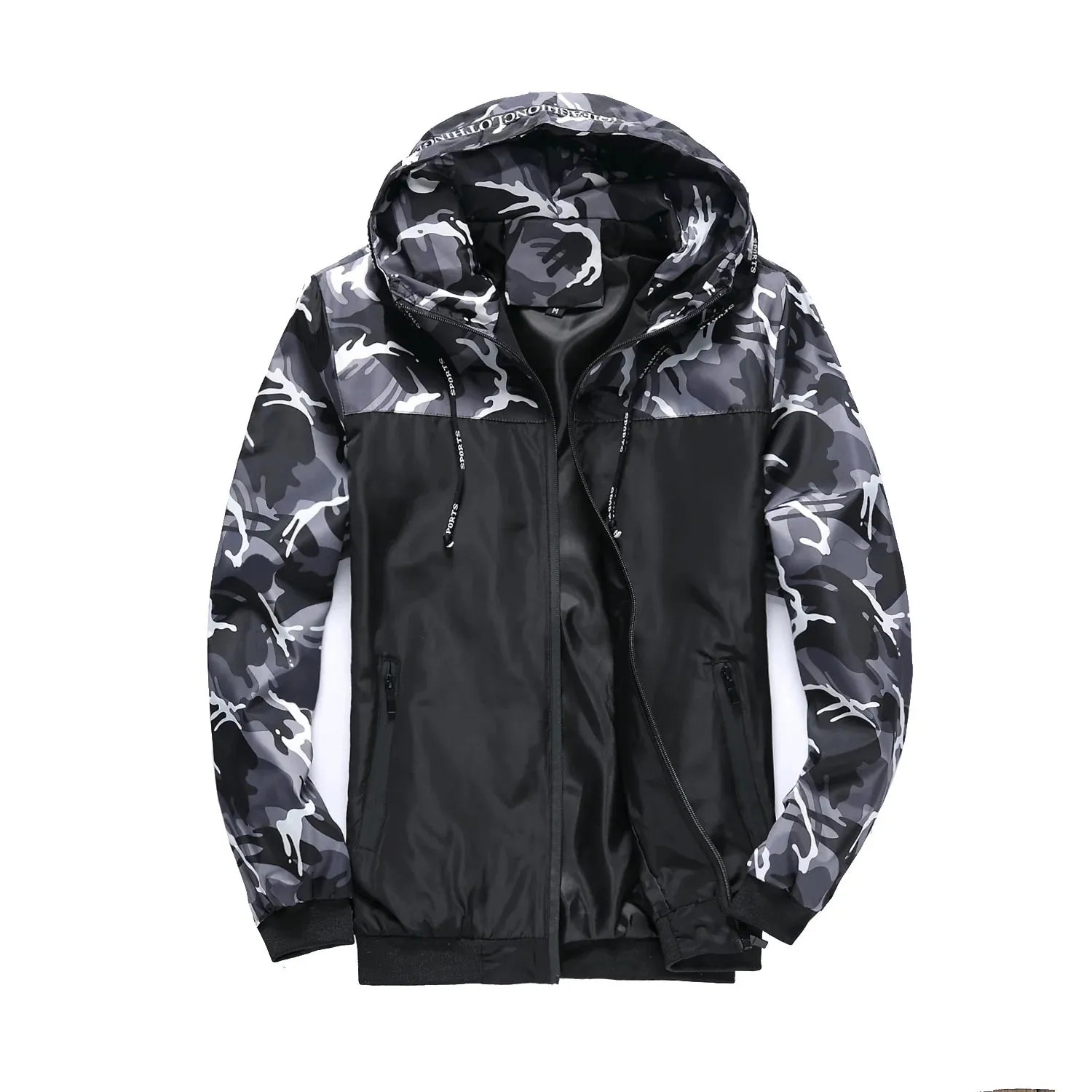 Men's Camouflage Hooded Colorblock Jacket Coat