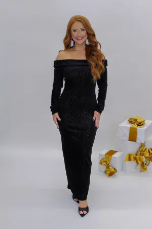 Midnight Velour Off Shoulder Midi Dress