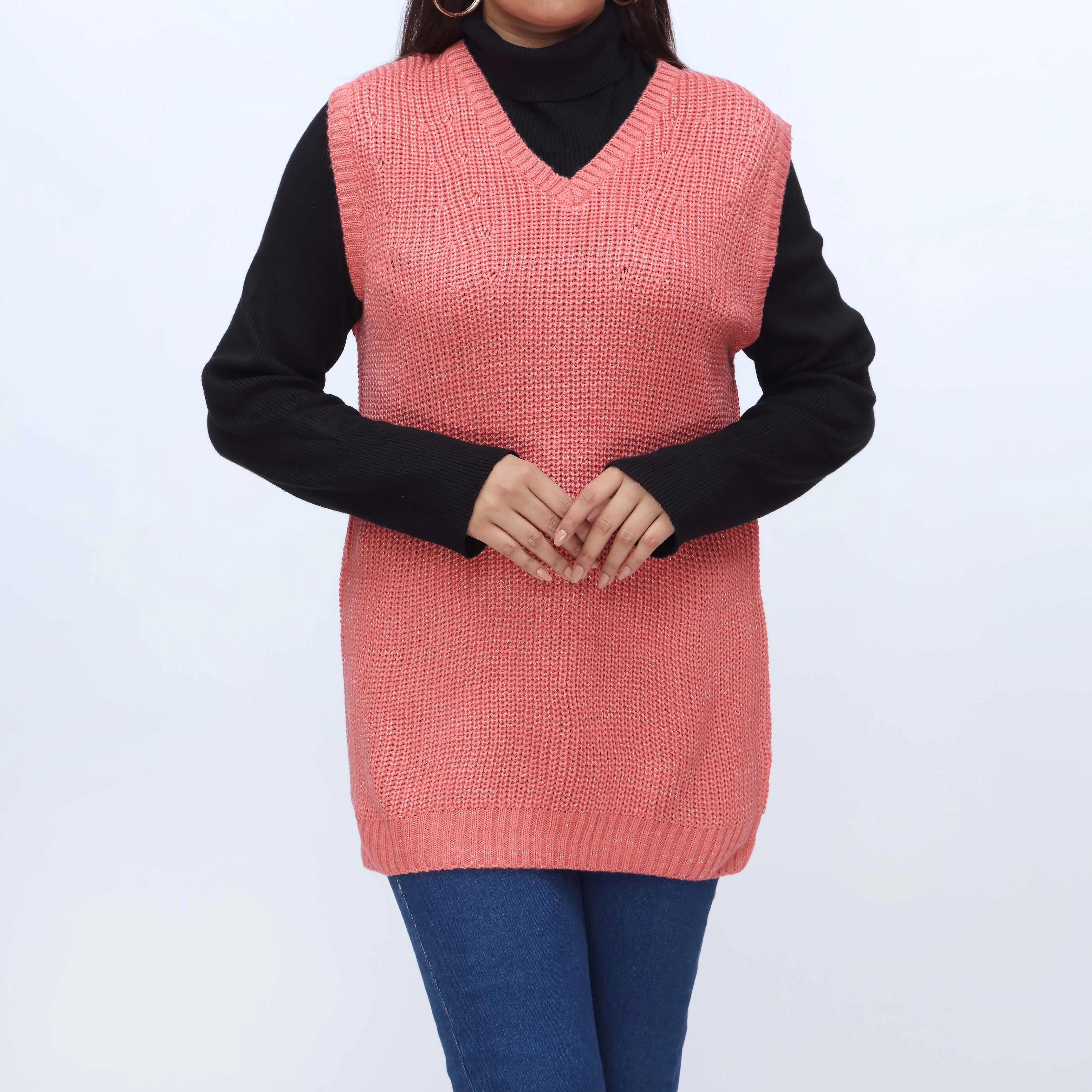 Peach V Neck Sleeveless Pullover Sweater PW3903