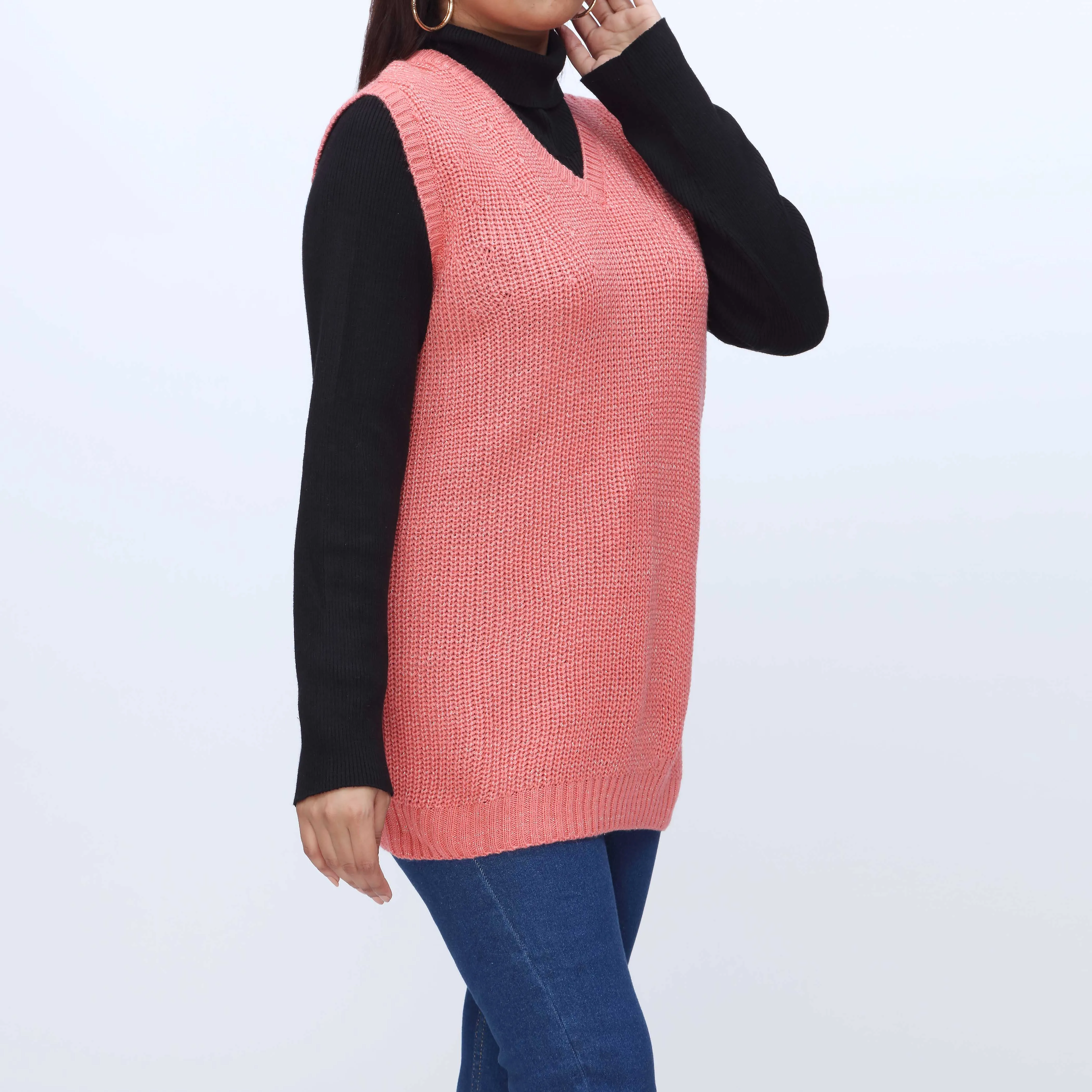 Peach V Neck Sleeveless Pullover Sweater PW3903