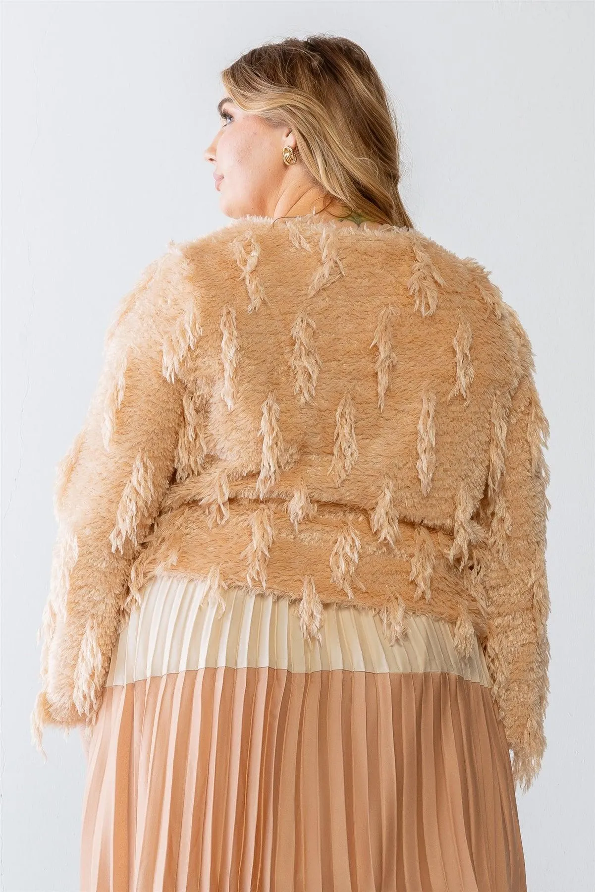 Plus Size Luxe Shaggy Feathered Fringe Crop Jacket /1-2-1