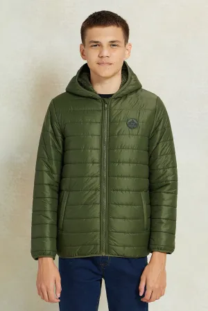 Senior Boys Olive Puffer Jacket With Sherpa Lining