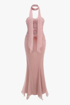 Sexy Scarf Ruched Cutout Chiffon Godet Fishtail Tube Evening Maxi Dress