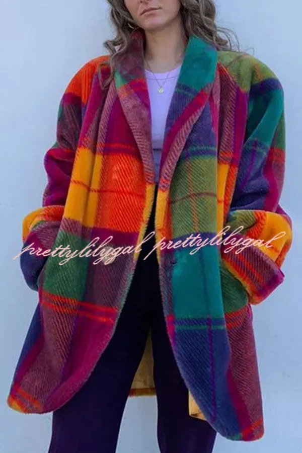 Show Stopping Plush Lined Lapel Color Blocked Long Sleeved Coat