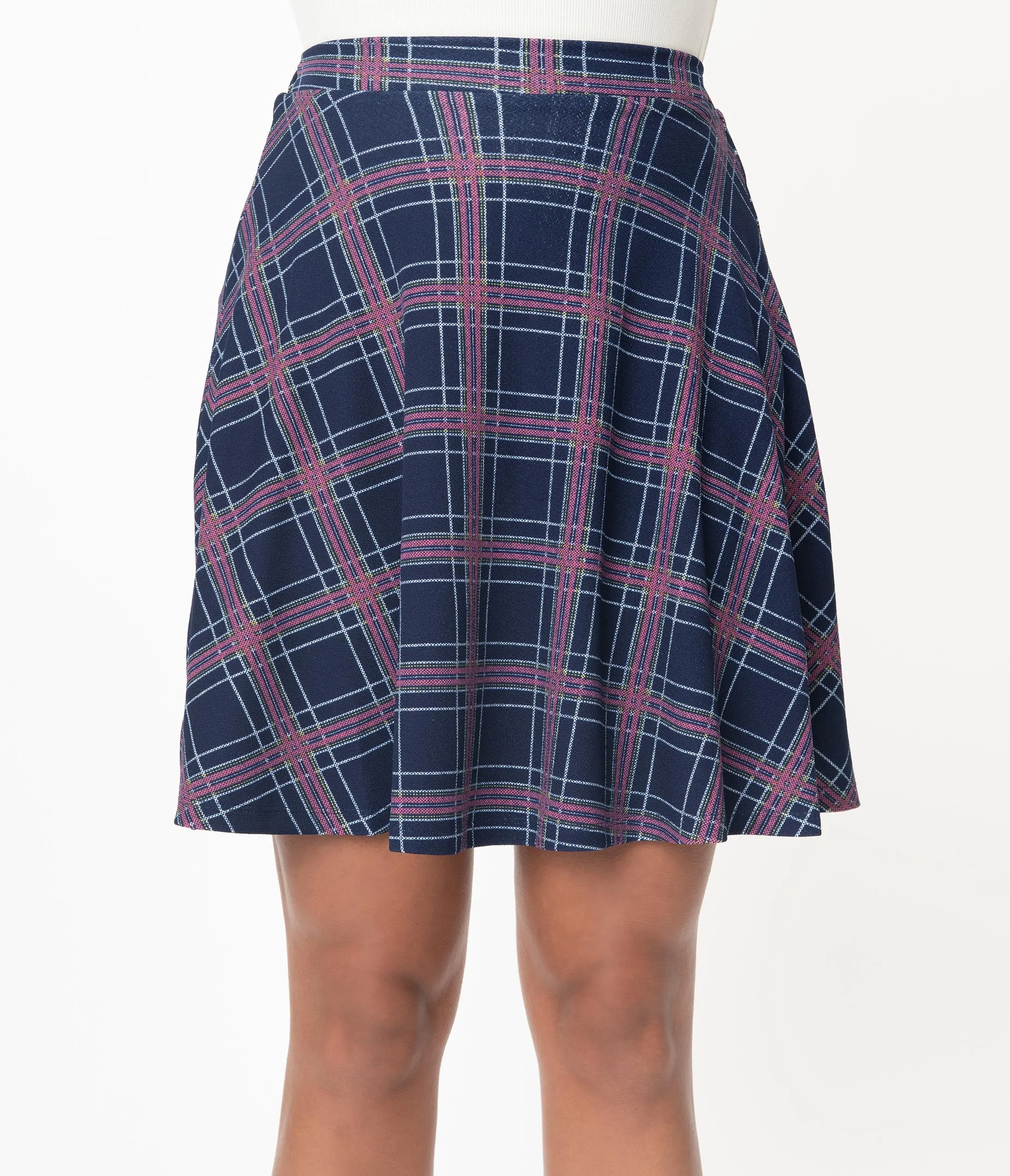 Smak Parlour 1960s Navy Blue Plaid Sweet Talk Flare Skirt