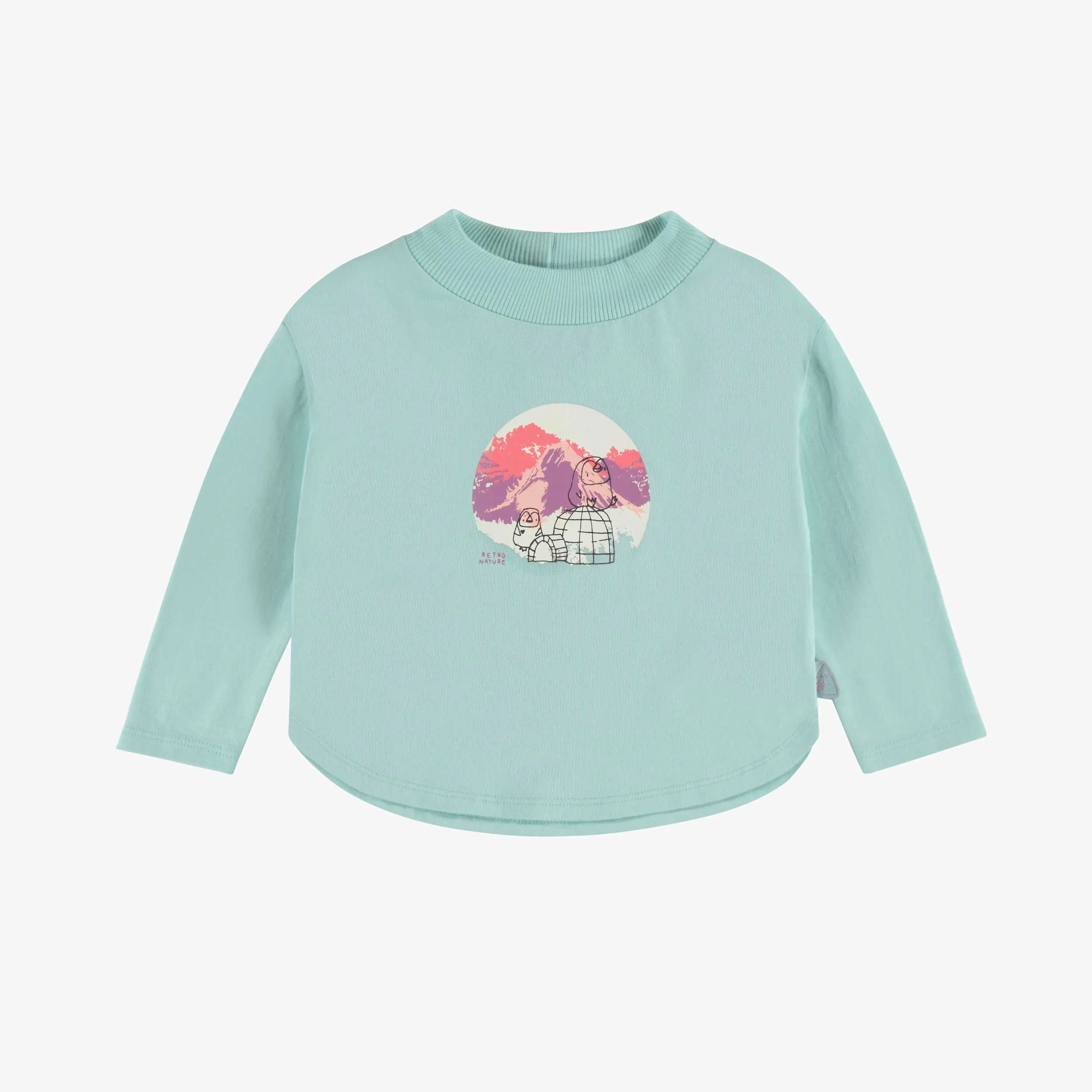 T-shirt bleu à manches longues avec illustration d’igloo en jersey, bébé || Blue t-shirt with long sleeves with igloo illustration in jersey, baby