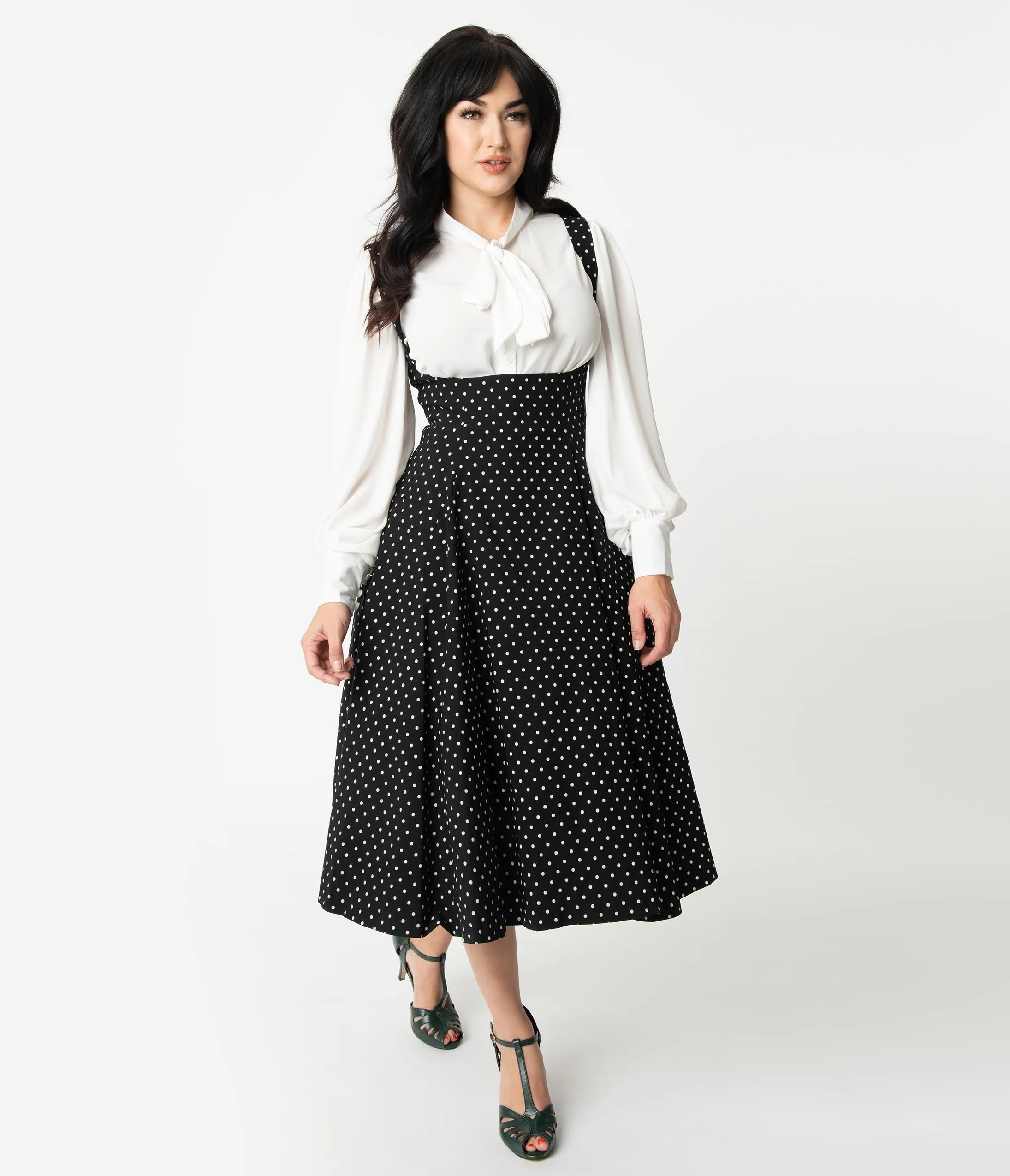 Unique Vintage 1950s Black & White Pin Dot Amma Suspender Swing Skirt