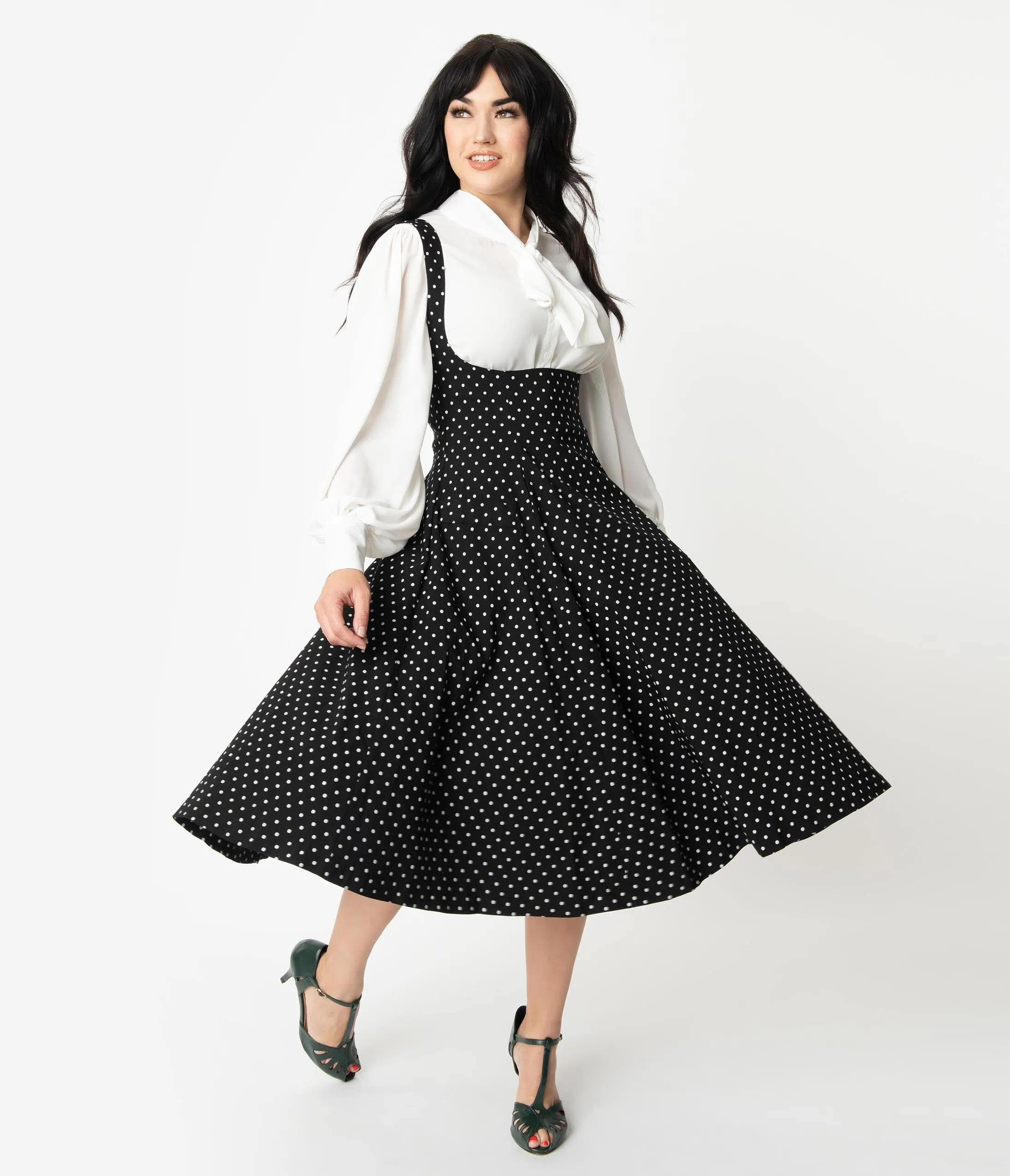 Unique Vintage 1950s Black & White Pin Dot Amma Suspender Swing Skirt