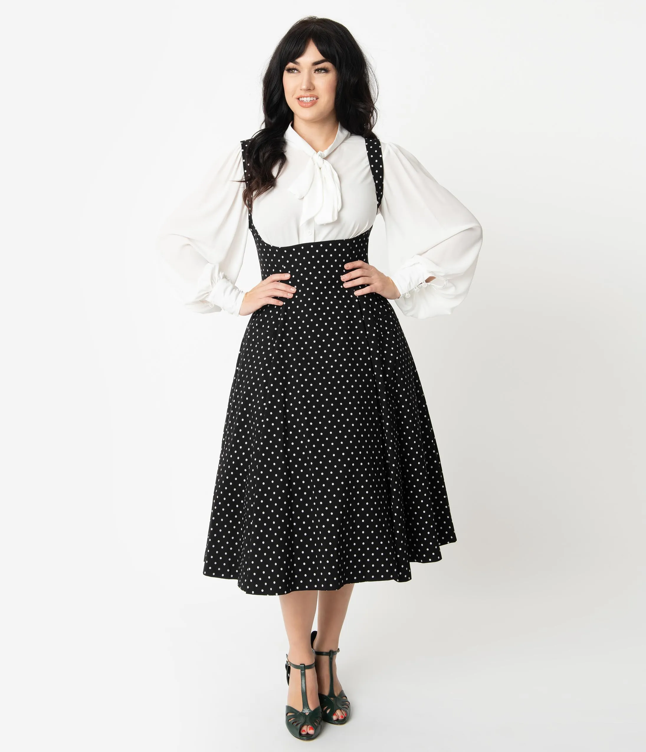 Unique Vintage 1950s Black & White Pin Dot Amma Suspender Swing Skirt