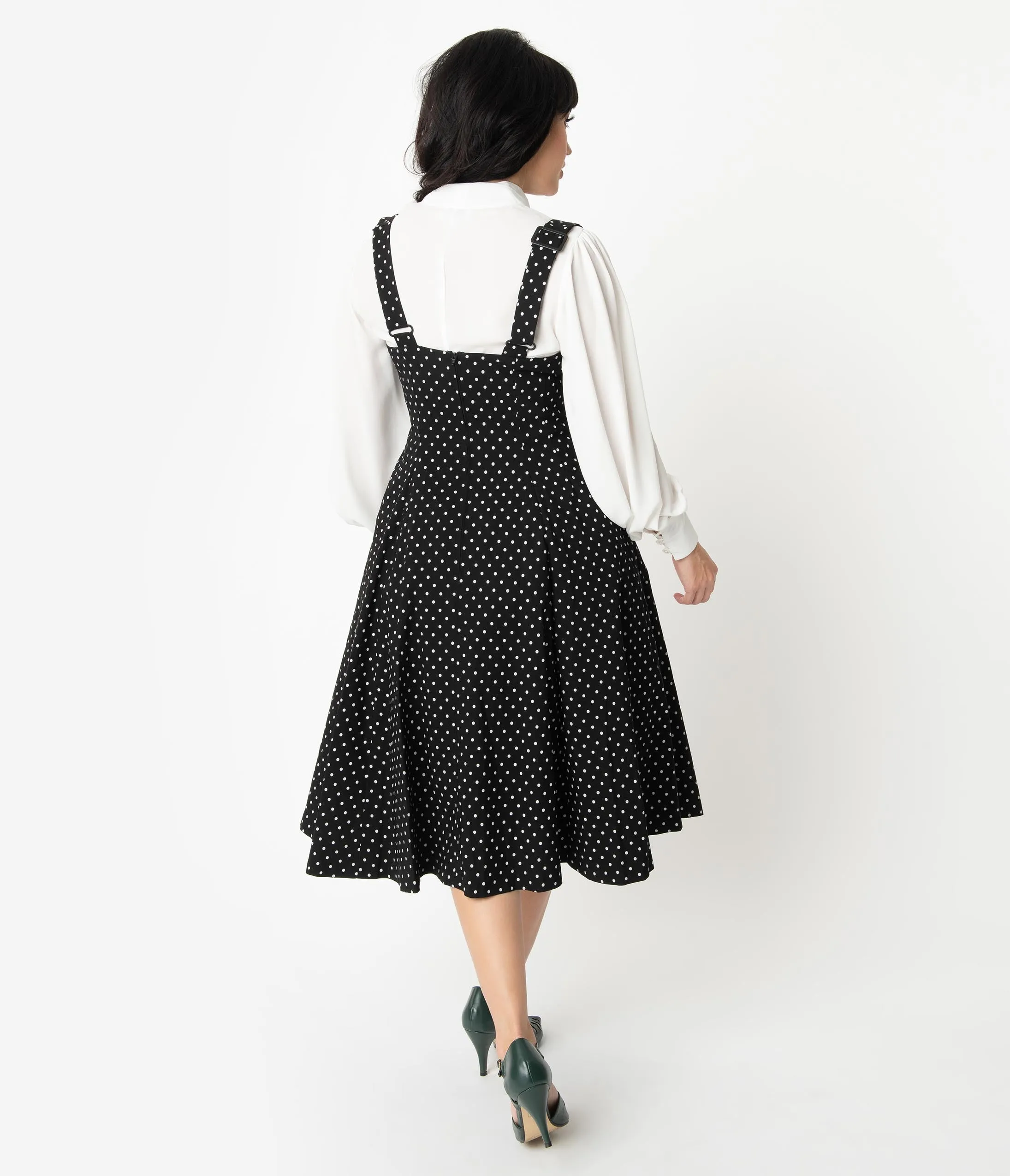 Unique Vintage 1950s Black & White Pin Dot Amma Suspender Swing Skirt