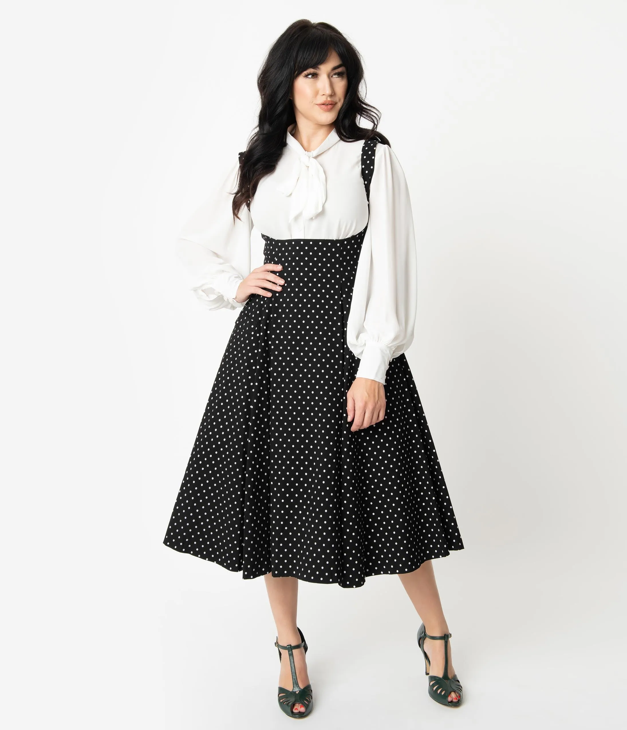 Unique Vintage 1950s Black & White Pin Dot Amma Suspender Swing Skirt