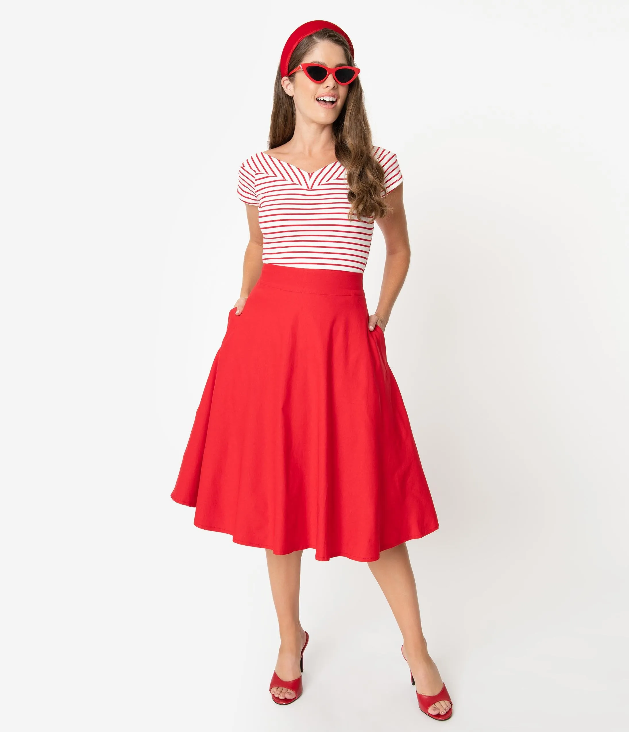 Unique Vintage Retro Red Stretch Vivien Swing Skirt