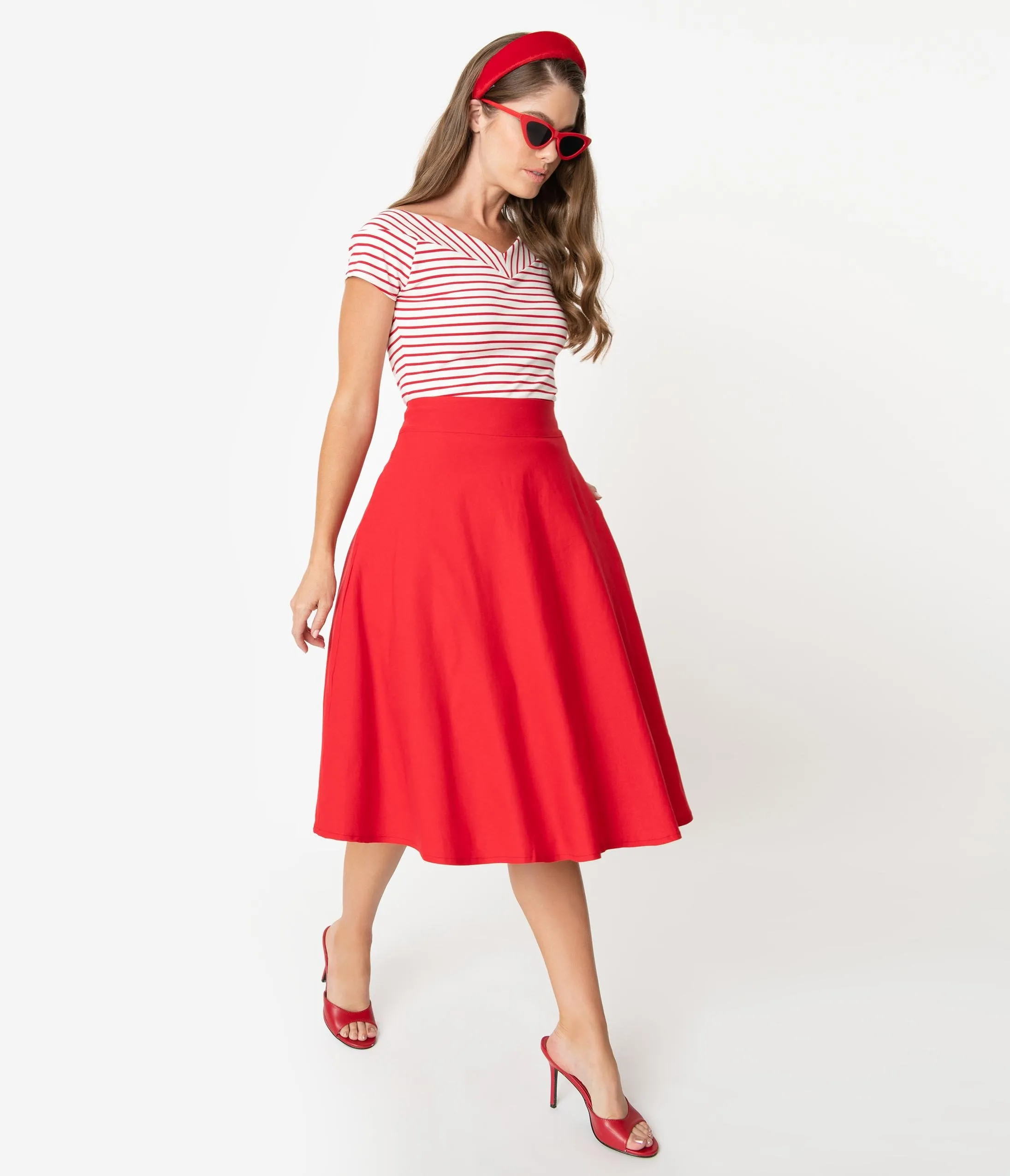 Unique Vintage Retro Red Stretch Vivien Swing Skirt