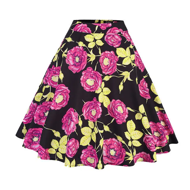 Vintage Woman Retro Flowers Print High Waist Floral Skirts