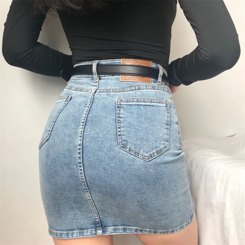 Wenkouban - Retro High-Waisted Denim Skirt