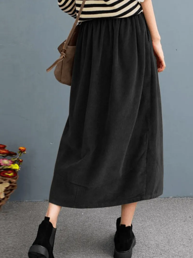 Women Corduroy Solid Elastic Waist Leisure Skirt with Side Pockets