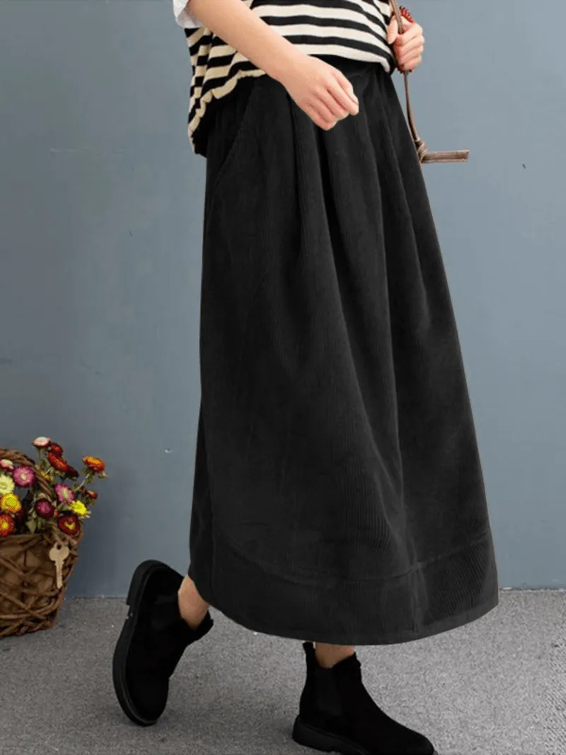 Women Corduroy Solid Elastic Waist Leisure Skirt with Side Pockets