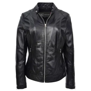 Womens Genuine Leather Biker Jacket Zip Casual Naomi Black